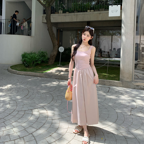 alex stevens粉色无袖背心连衣裙女夏季修身显瘦垂感a字吊带长裙