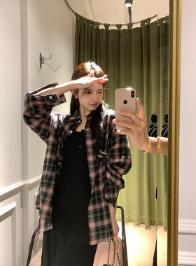 alex stevens 粉黑色格子衬衫外套女设计感新款bm风宽松衬衣上衣