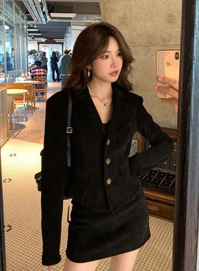 alex stevens高级感小香风套装黑色西装外套女春秋季包臀裙两件套