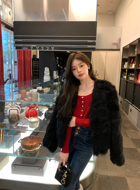 alex stevens黑色羊毛皮毛一体皮草外套女冬季名媛年轻款短款毛毛