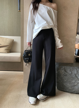 alex stevens 黑色西装休闲裤女春秋垂感拖地阔腿裤宽松微喇叭裤