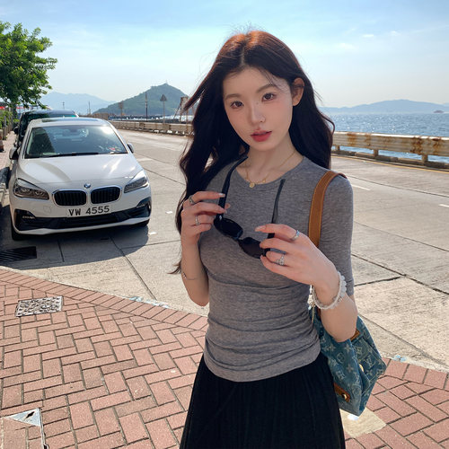 alex stevens天丝凉感圆领短袖T恤女夏季修身显瘦正肩上衣短款