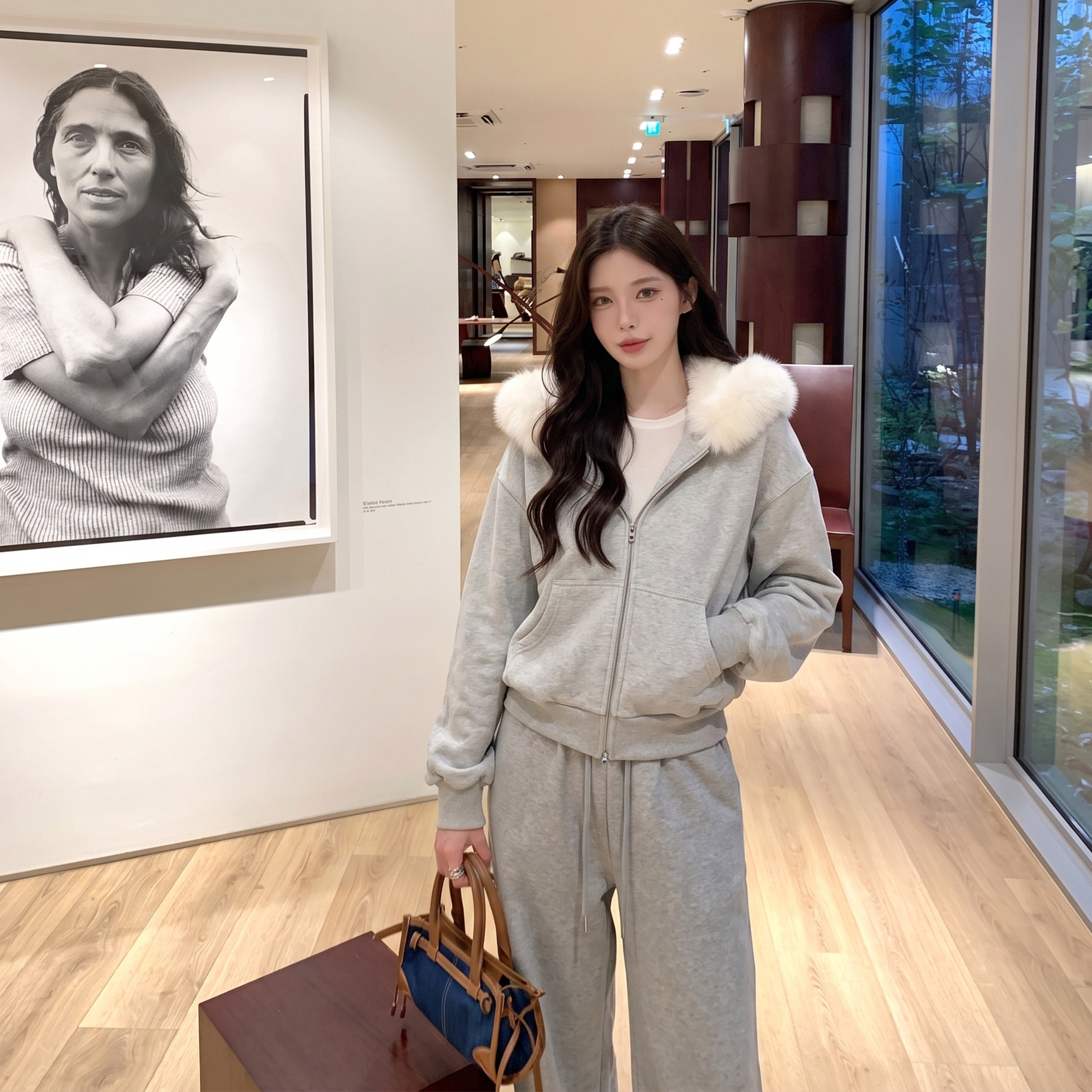 alex stevens慵懒风大毛领连帽卫衣女秋冬加绒显瘦休闲运动套装