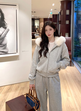 alex stevens慵懒风大毛领连帽卫衣女秋冬加绒显瘦休闲运动套装
