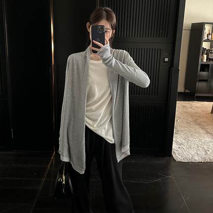 alex stevens 慵懒灰色针织开衫毛衣外套女春秋长袖披肩外搭上衣