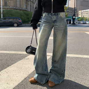 阔腿长裤 alex 低腰显瘦直筒裤 女秋冬季 stevens复古蓝微喇叭牛仔裤