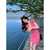 ins超火辣妹纯欲风粉色连衣裙女修身 显瘦春夏季 高腰包臀裙多巴胺