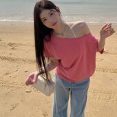 alex 设计感上衣新 春夏季 stevens 慵懒风露肩t恤女一字肩斜肩短袖