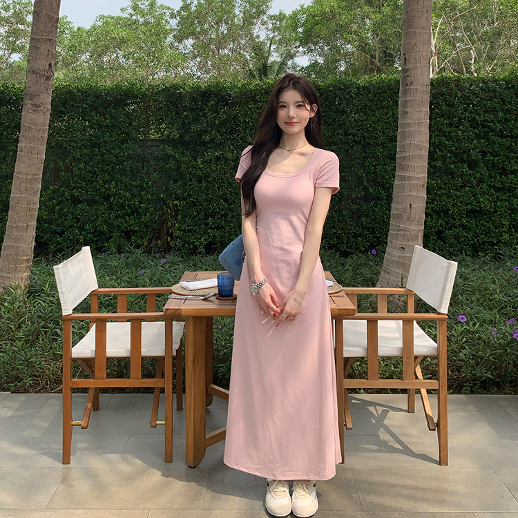 alex stevens短袖连衣裙掐腰裙女夏季弹力u领修身显瘦纯色长裙子
