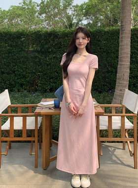 alex stevens短袖连衣裙掐腰裙女秋季弹力u领修身显瘦纯色长裙子