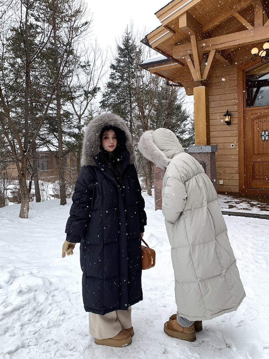 大毛领白鸭绒长款羽绒服外套