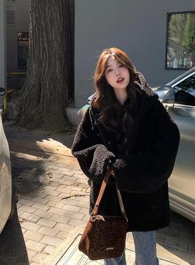 alex stevens 颗粒绒羊羔毛外套连帽女冬季宽松加厚黑色毛毛外套