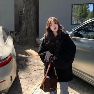 顆粒絨羊羔毛外套連帽女冬季 寬松加厚黑色毛毛外套 stevens alex