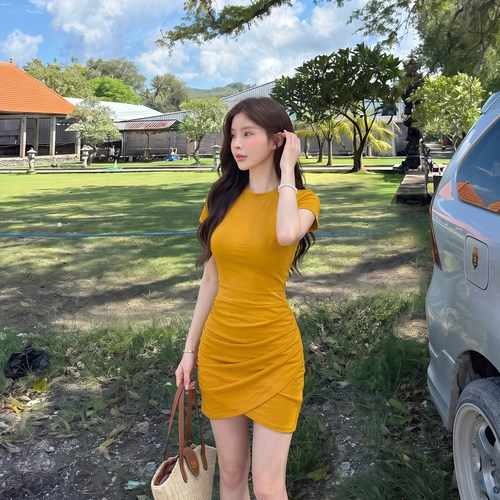 alex stevens纯色修身显瘦连衣裙女夏季圆领短袖包臀裙褶皱短裙子