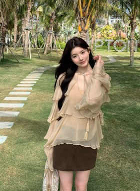 alex stevens系带荷叶边灯笼袖衬衫女春夏季薄款长袖衬衣气质上衣