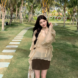 alex stevens系带荷叶边灯笼袖衬衫女春夏季薄款长袖衬衣气质上衣