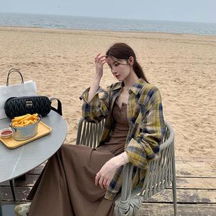 长袖 alex 新款 外套女春秋季 衬衣慵懒宽松上衣 stevens黄色格子衬衫