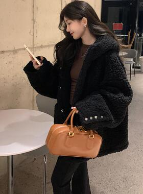 alex stevens 颗粒绒羊羔毛外套女冬季黑色连帽宽松加厚毛毛外套