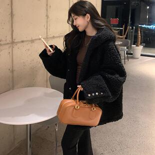 黑色连帽宽松加厚毛毛外套 颗粒绒羊羔毛外套女冬季 alex stevens