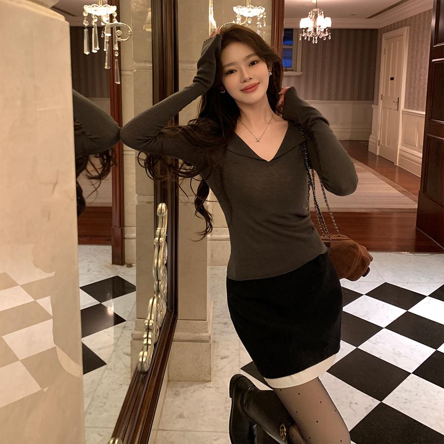 特价秒杀~翻领V领针织打底衫女春季喇叭袖纯欲上衣修身显瘦