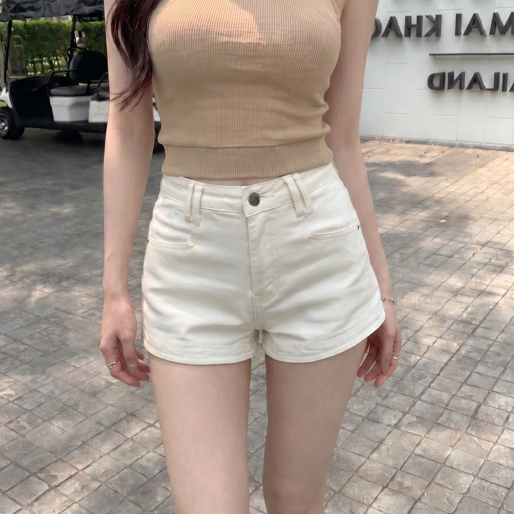 alex stevene白色高腰牛仔裤短裤子女夏季新款修身显瘦a字裤热裤