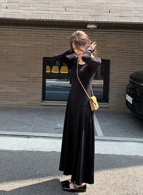 alex stevens纯色修身长袖连衣裙女秋季内搭打底中长款大摆a字裙