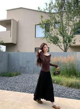 alex stevens气质黑色半身裙女秋季中长款高腰显瘦a字裙宽松长裙