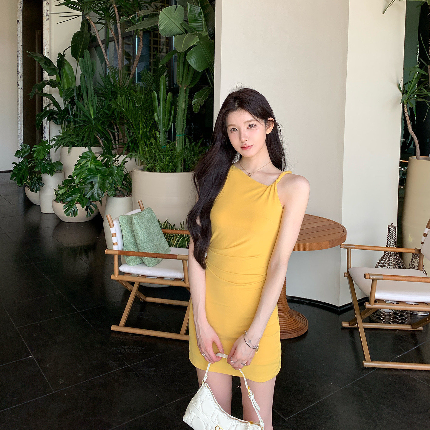 alex stevens早春漂亮连衣裙女夏季性感挂脖吊带短裙黄色修身显瘦