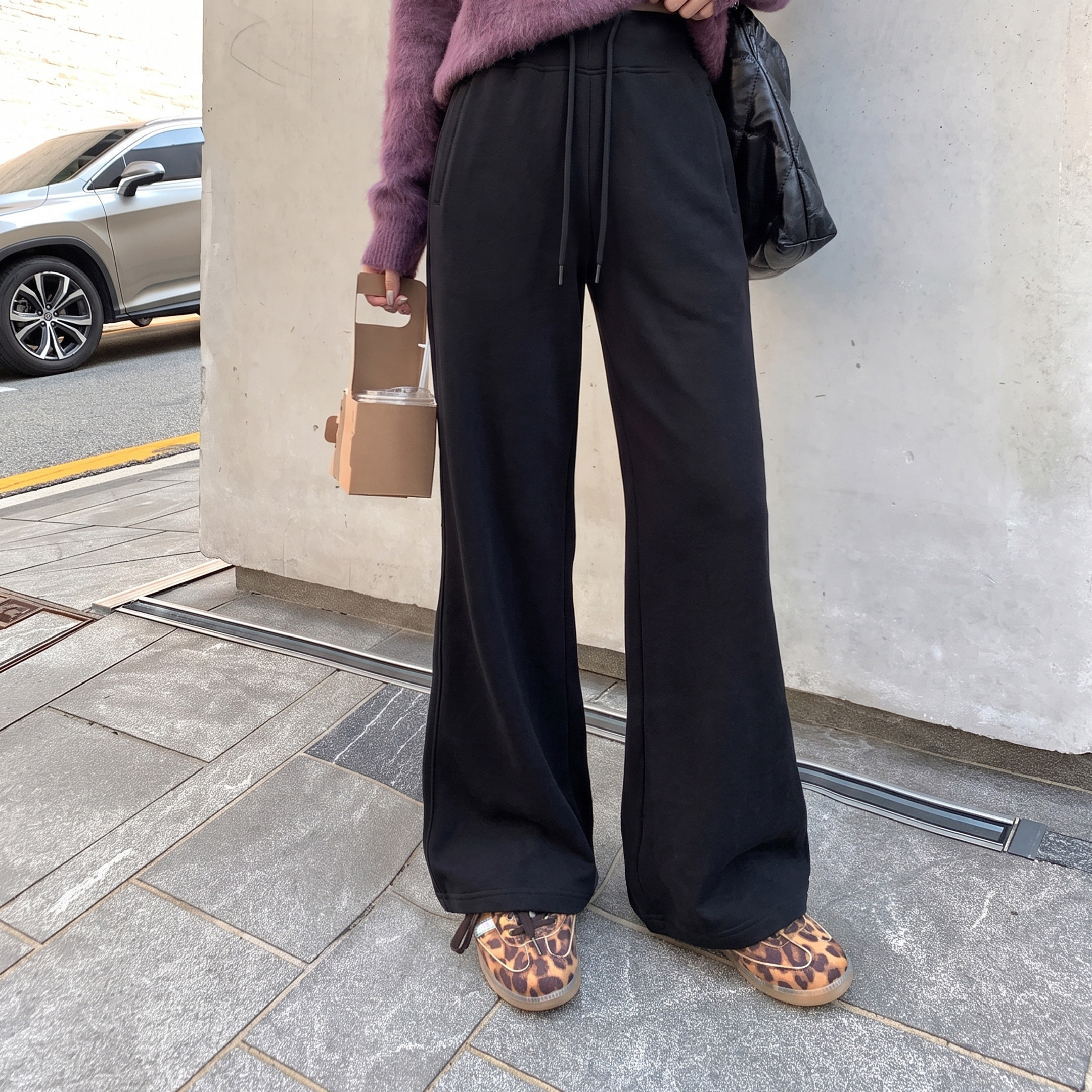 alex stevens高腰抽绳休闲裤女黑色松紧腰垂坠感微喇裤百搭慵懒风