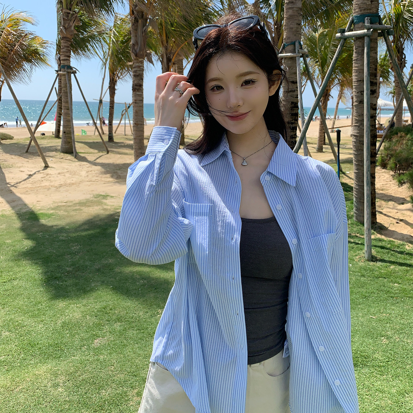 alex stevens蓝白条纹衬衫外套女夏季宽松显瘦防晒衬衣翻领上衣