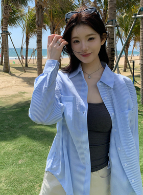alex stevens蓝白条纹衬衫外套女夏季宽松显瘦防晒衬衣翻领上衣