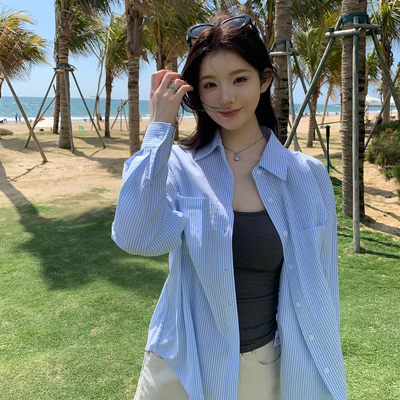 alex stevens蓝白条纹衬衫外套女夏季宽松显瘦防晒衬衣翻领上衣