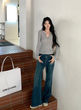 alex stevens复古蓝色微喇牛仔裤女冬季高腰显瘦阔腿裤喇叭长裤子