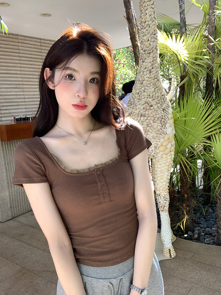 alex stevens假两件蕾丝边短袖t恤女夏季修身方领显瘦短款上衣