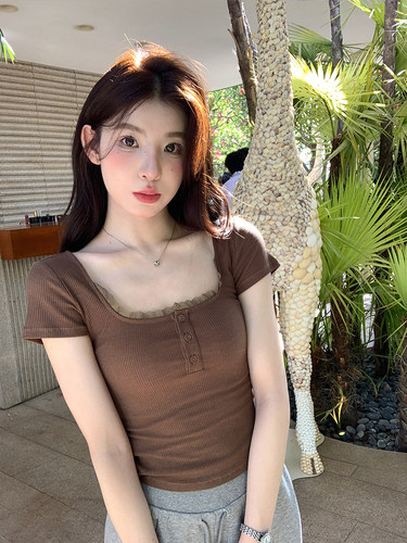 假两件蕾丝边短袖t恤女夏季修身