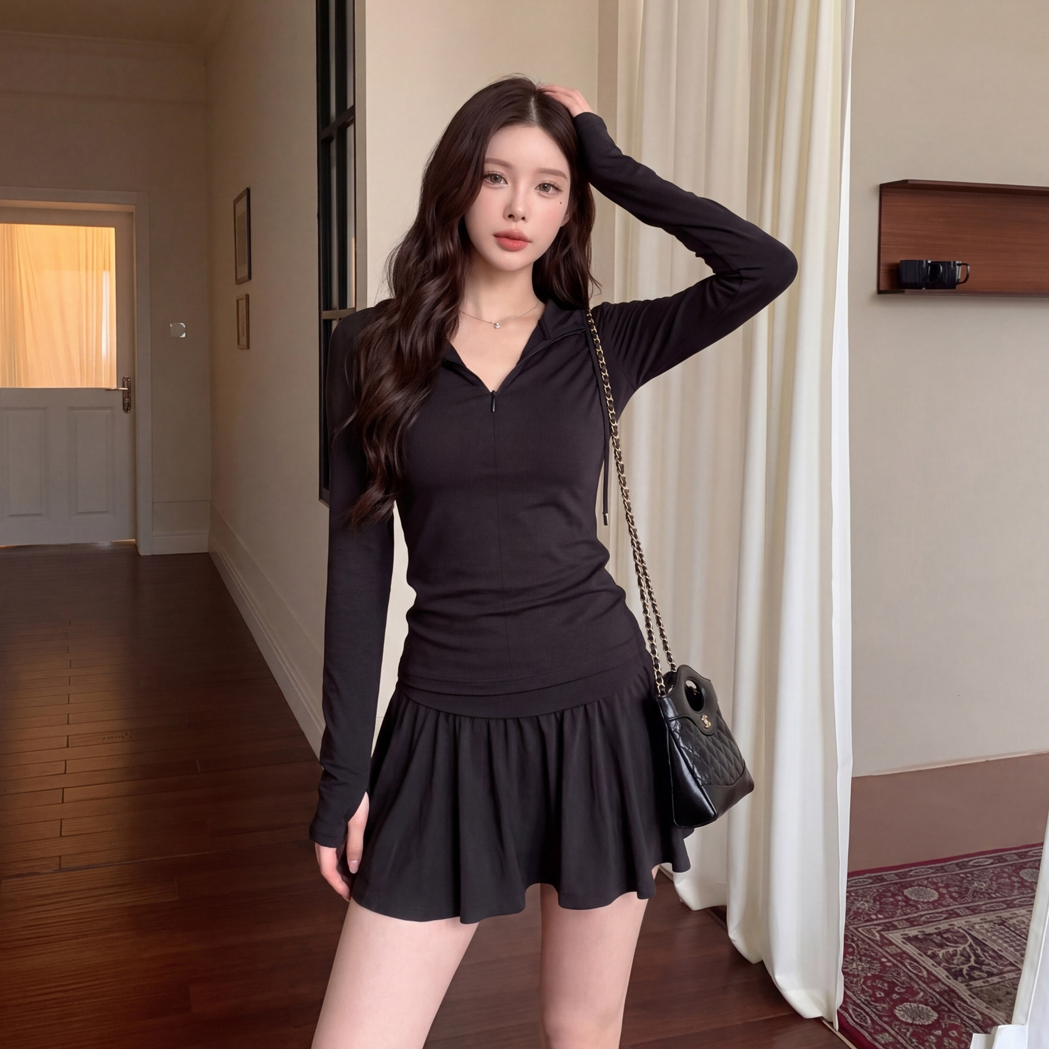 alex stevens半拉链长袖上衣高腰百褶短裙女夏两件套辣妹套装