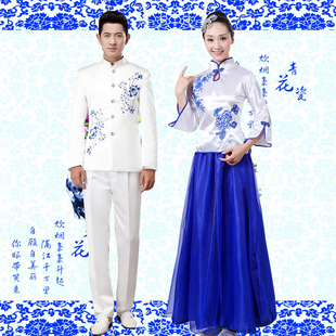 新款青花瓷大合唱服成人男女款中山装演出服长裙主持人演奏表演服