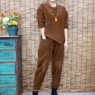2023春秋新款灯芯绒妈妈不规则胖人宽松遮肚大码哈伦裤套装两件套