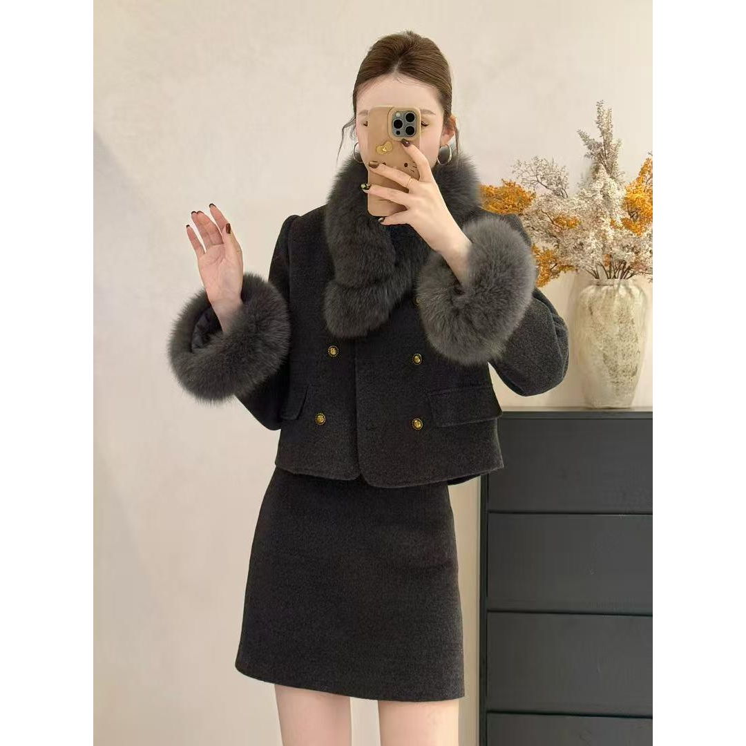 小香风羽绒内胆狐狸毛套装女2025冬季新款毛呢外套半身裙两件套,女装/女士精品,时尚套装,淘宝优惠券,粉丝福利购,淘宝优惠卷
