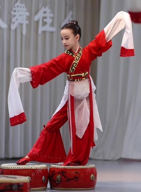新款汉代鼓盘舞鼓踏飞燕女儿童水袖舞蹈服中国风飘逸梅花赋演出服