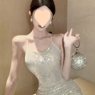 流光银法式礼服高端轻奢小众吊带长裙亮片宴会连衣裙修身显瘦裙子