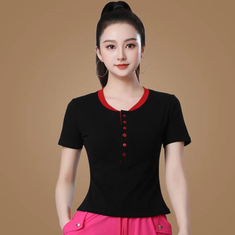 。夏季广场舞服装新款圆领排扣百搭短袖T恤女时尚显瘦舞蹈上衣棉