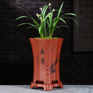 爵遇良品兰花盆精品紫砂花盆四方束腰兰花花盆带底座托盘中国风