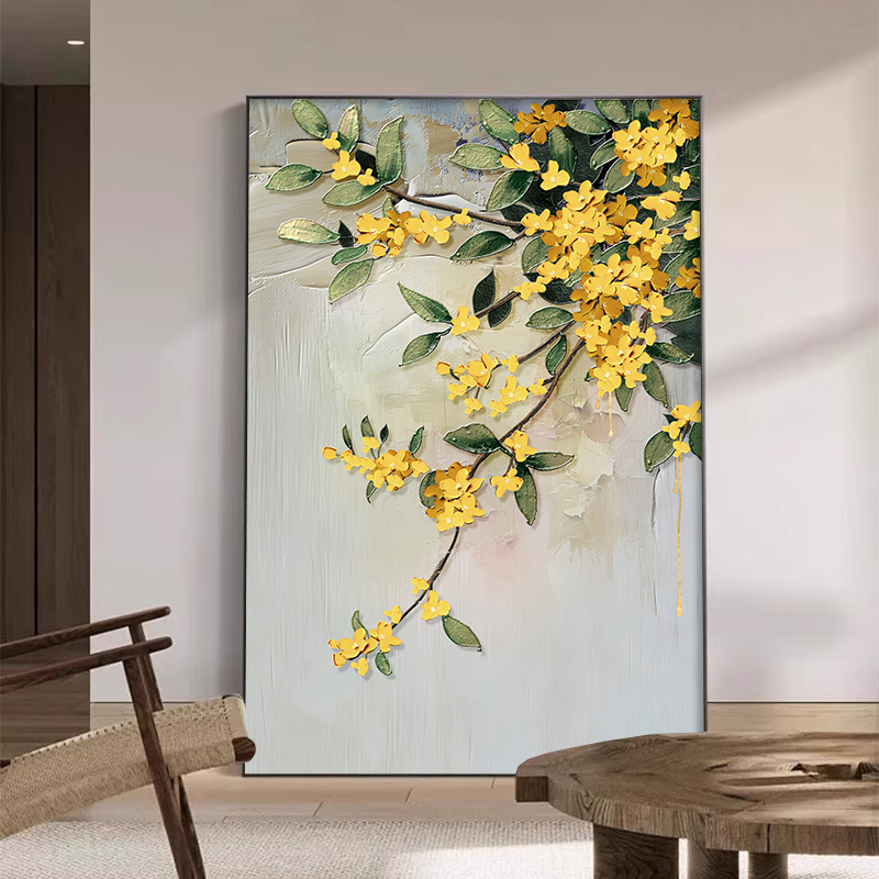 现代金桂花卉简约客厅装饰画抽象肌理沙发背景墙落地高级玄关挂画图片