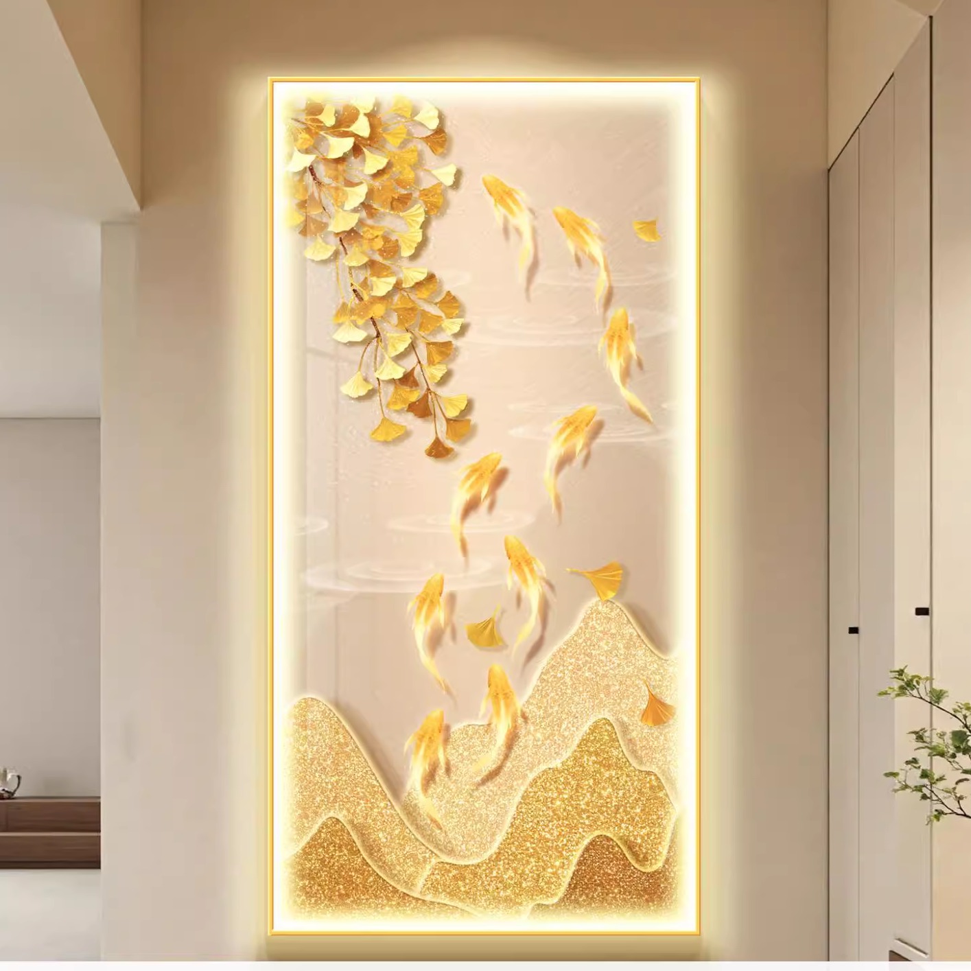 轻奢九鱼玄关装饰画新款靠山图入户正对墙挂画金色银杏叶走廊壁画