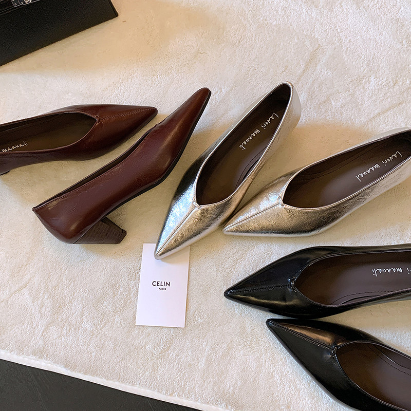 鹿子野女鞋2026新款法式尖头高跟鞋女粗跟软底通勤不累脚浅口单鞋