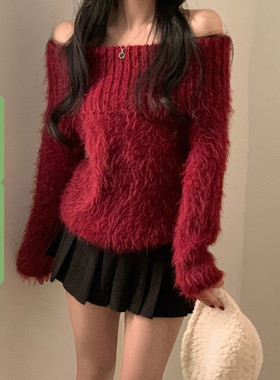 WEEKEEP 秋冬红色基础一字肩仿貂毛长袖毛衣女百搭宽松显瘦上衣