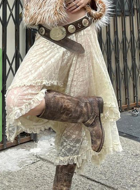 WEEKEEP 法式复古流浪风蕾丝休闲不规则大摆纯色半身裙长款女夏