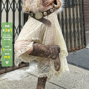 WEEKEEP 法式复古流浪风蕾丝休闲不规则大摆纯色半身裙长款女夏