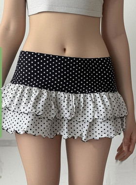 WEEKEEP 法式少女撞色拼接波点低腰蛋糕裙百搭休闲A摆显瘦短裙